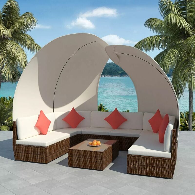 

Set muebles de jardín 9 pzas con toldos ratán sintético marrón