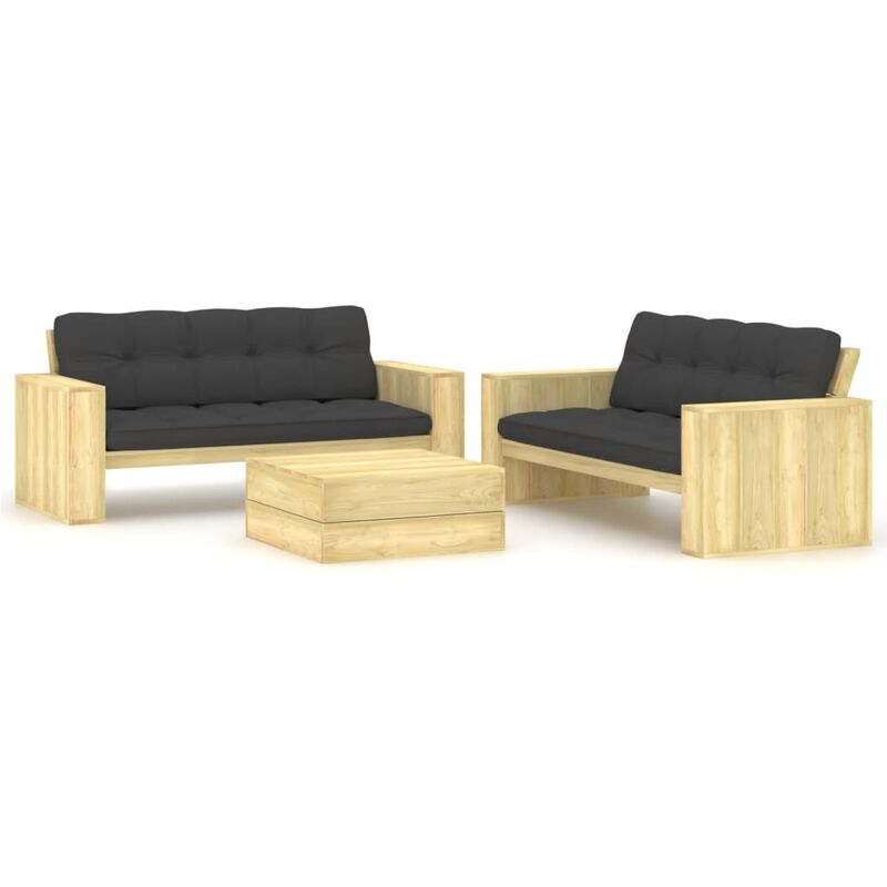 

Set muebles de jardín con cojines 3 pzas madera pino impregnada