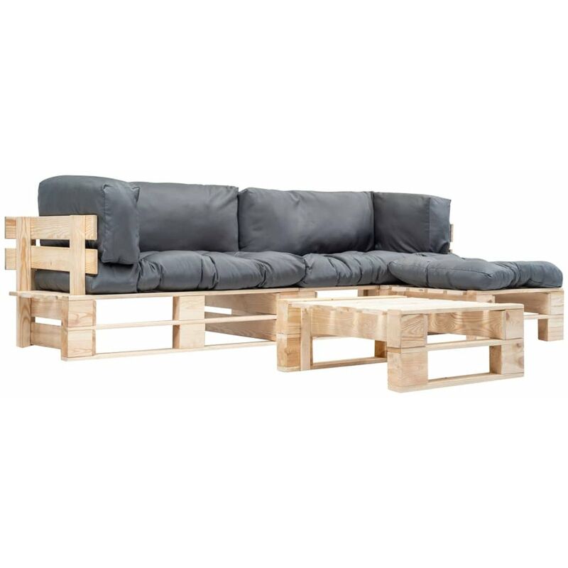 

Happyshopping - Set muebles de jardin de pales 4 pzas cojines grises madera