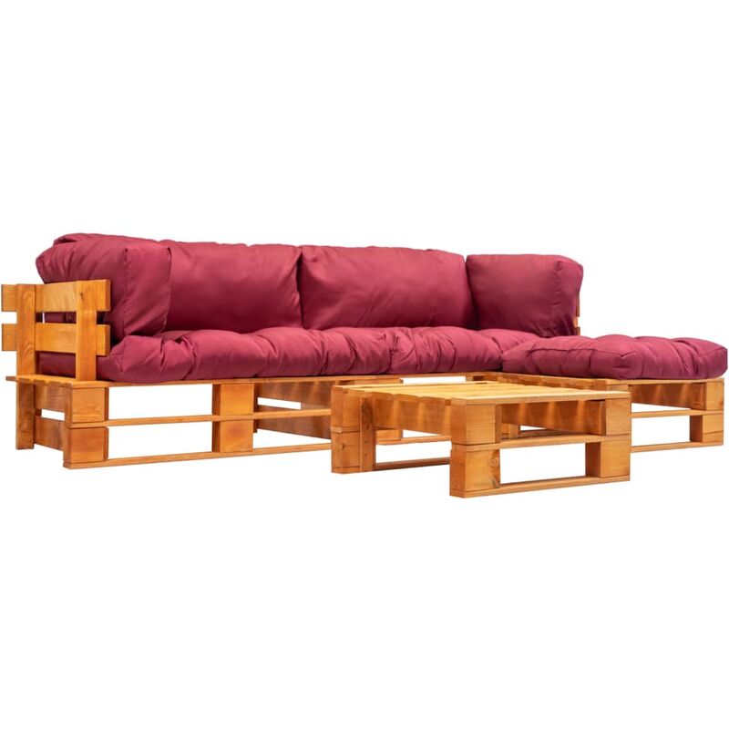 

Set muebles de jardín de palés 4 pzas cojines rojos madera