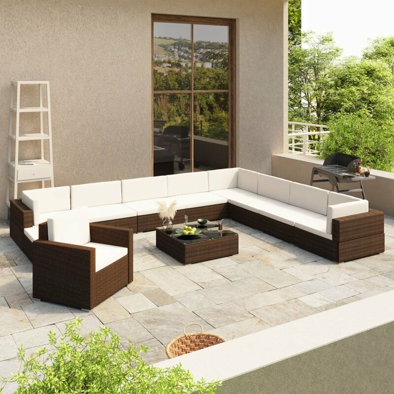 

Set muebles de jardin y cojines 12 pzas ratan sintetico marron