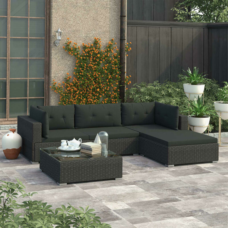 

Set muebles de jardín y cojines 5 piezas ratán sintético negro