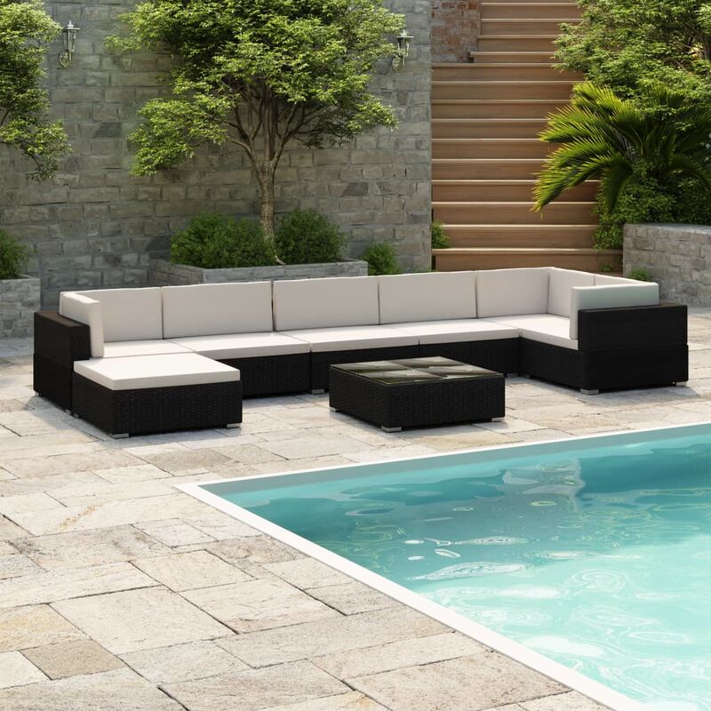 

Set muebles de jardín 8 piezas y cojines ratán sintético negro - Negro