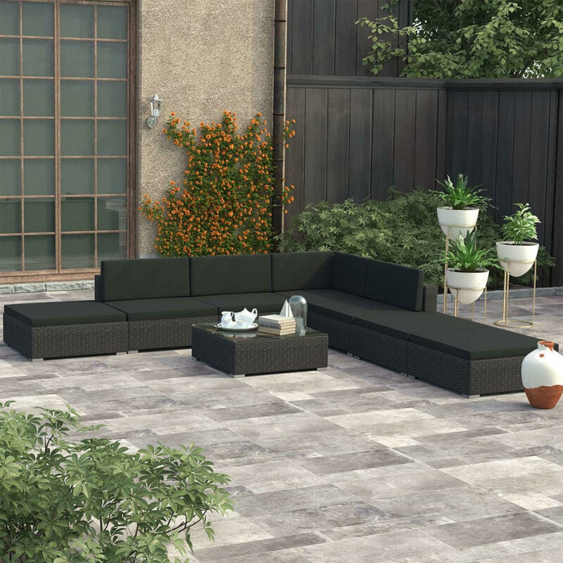 

Set muebles de jardín 8 piezas y cojines ratán sintético negro - Negro