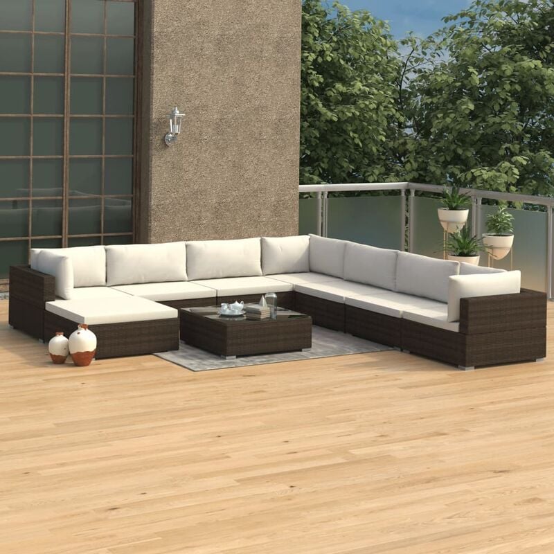 

Set muebles de jardín 9 piezas y cojines ratán sintético marrón - Marrón