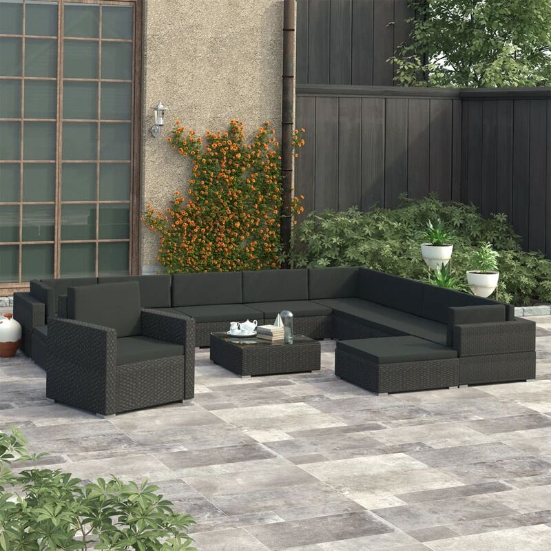 

Youthup - Set muebles de jardín y cojines 12 pzas ratán sintético negro - Negro