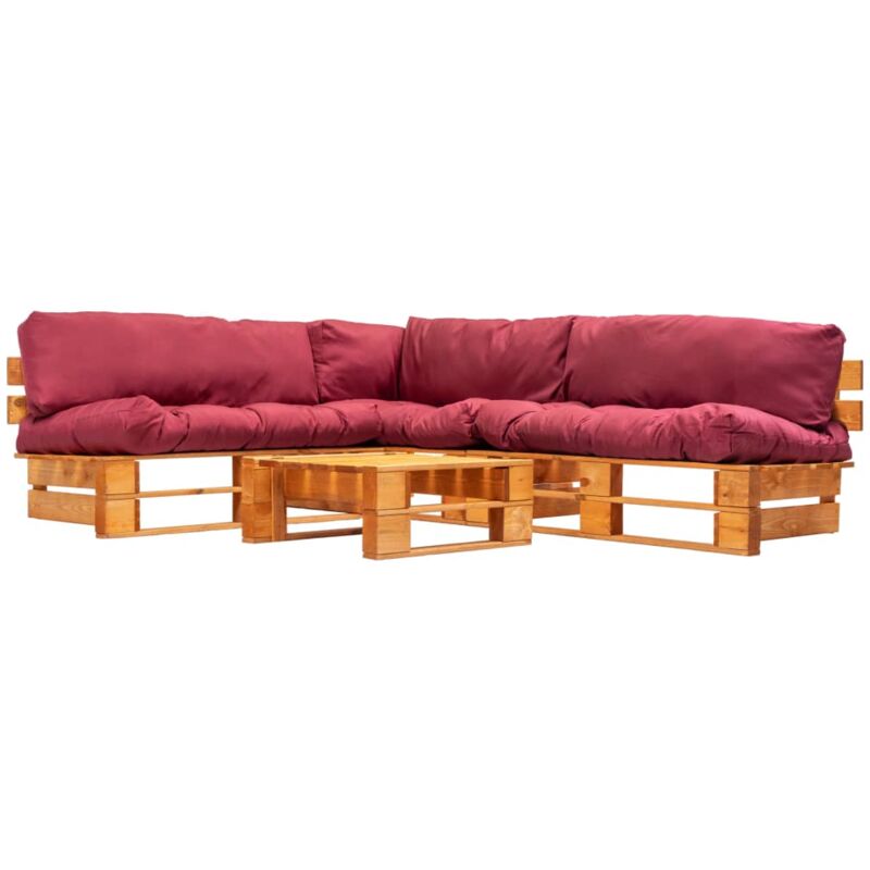 

vidaXL Set muebles de palés de jardín cojines rojos 4 pzas madera - Rojo