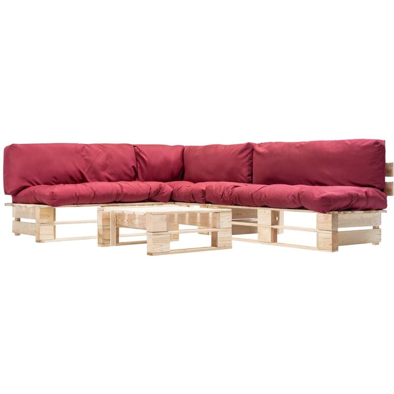 

vidaXL Set muebles de palés de jardín cojines rojos 4 pzas madera - Rojo