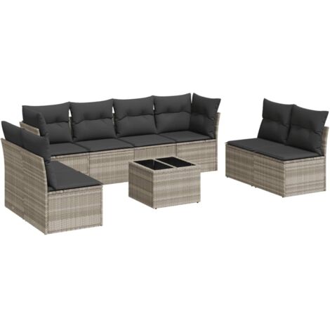 Set muebles jardín 9 pzas y cojines ratán sintético gris claro