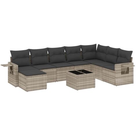 Set muebles jardín 9 pzas y cojines ratán sintético gris claro