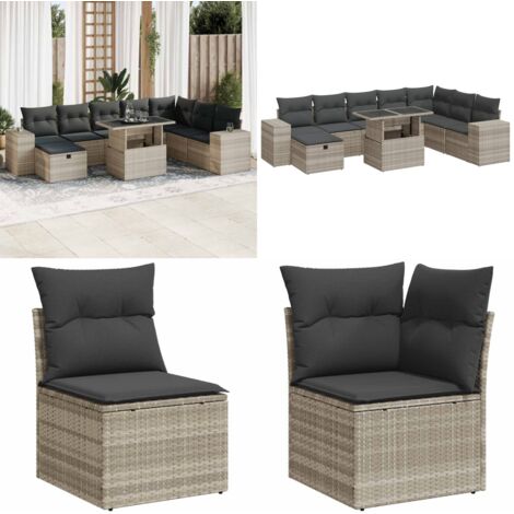 Set muebles jardín 9 pzas y cojines ratán sintético gris claro - Muebles de jardín - Sofás de jardín