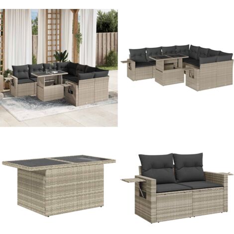 Set muebles jardín 9 pzas y cojines ratán sintético gris claro - Muebles de jardín - Sofás de jardín