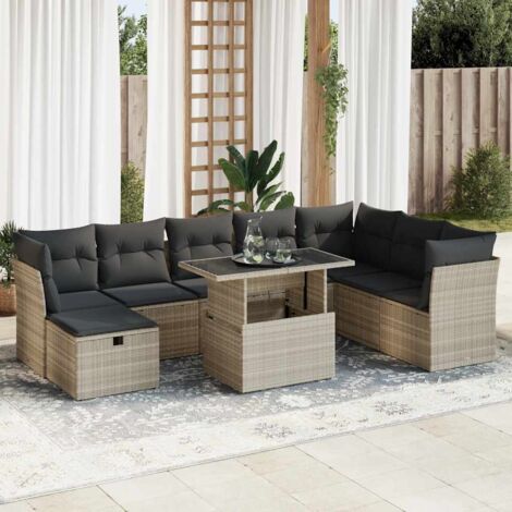 Set muebles jardín 9 pzas y cojines ratán sintético gris claro vidaXL