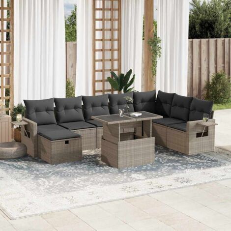Set muebles jardín 9 pzas y cojines ratán sintético gris claro vidaXL