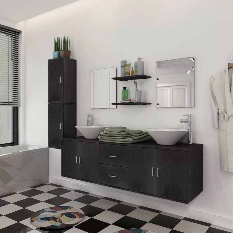 

Set muebles para baño con lavabo y grifo 11 uds Negro