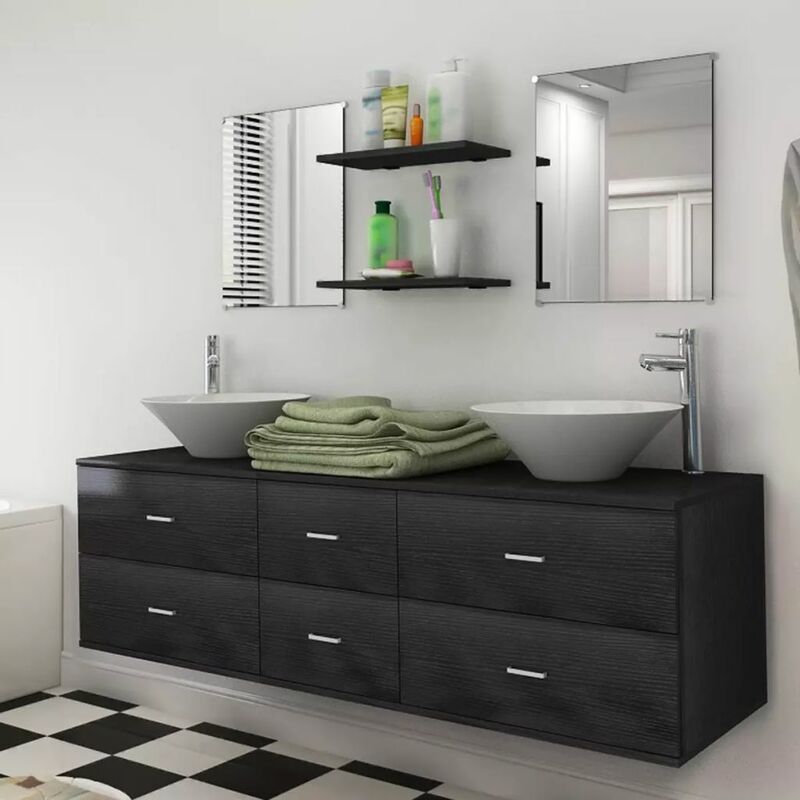 

Set muebles para bano con lavabo y grifo 9 uds Negro