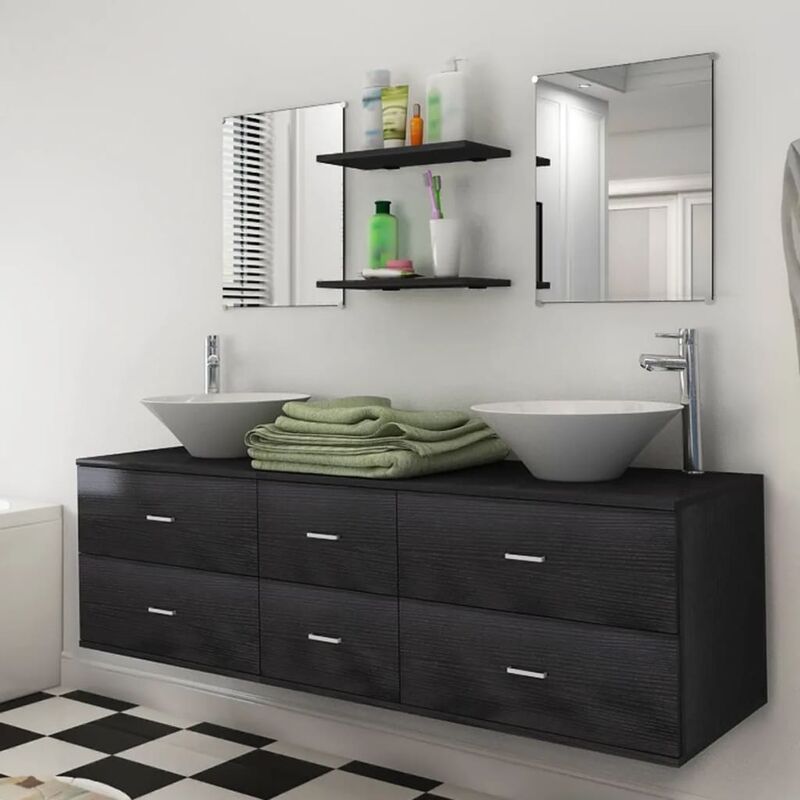 

Set muebles para baño con lavabo y grifo 9 uds Negro