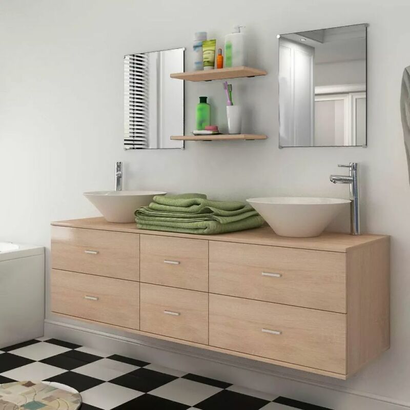

Set muebles para baño con lavabo y grifos 9 uds Beis