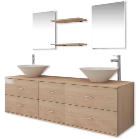 Set muebles para baño con lavabo y grifos 9 uds Beis