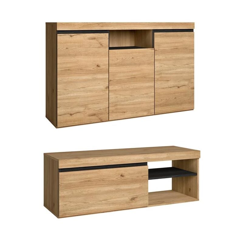 Set Naturale salle à manger, meuble auxilier, buffet-meuble tv 120cm chêne noir nordique - Skraut Home