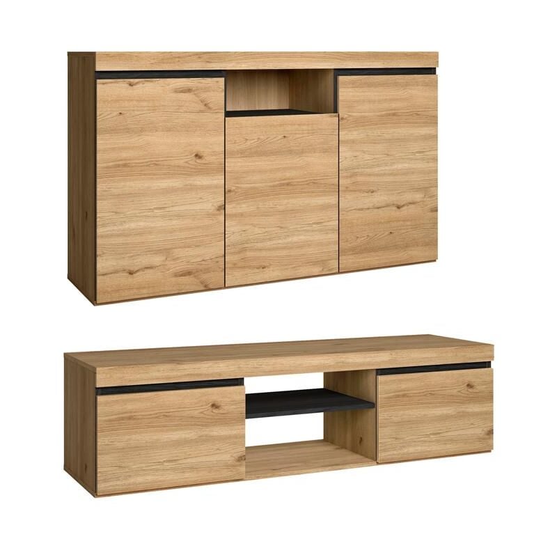 Set Naturale salle à manger, meuble auxilier, buffet-meuble tv 140cm chêne nordique noir - Skraut Home