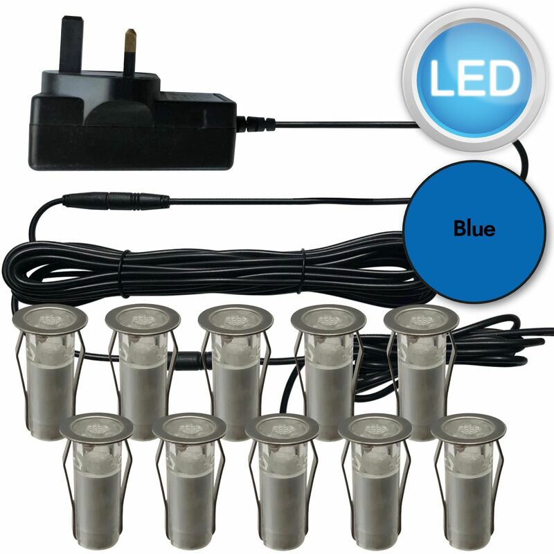 Set of 10 - 15mm Stainless Steel IP67 Blue led Plinth Decking Kit - Polished stainless steel and clear pc