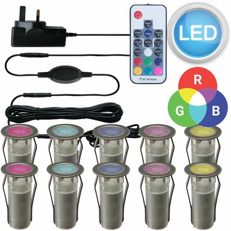 Set of 10 - 15mm Stainless Steel IP67 RGB Colour Changing LED Plinth Decking Kit - Polished stainless steel and clear PC
