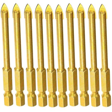 Set of 10 6mm tungsten carbide drill bits with flat hexagonal shank for mirror, porcelain, marble