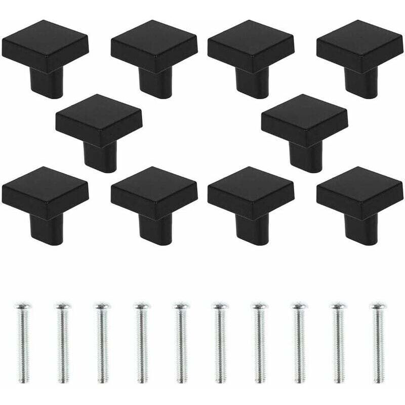 Set of 10 Black Door Knobs, Square Solid Brass Cabinet Knobs, Vintage Kitchen Furniture Handles with Screws for Cabinets, Cupboards, and Drawers