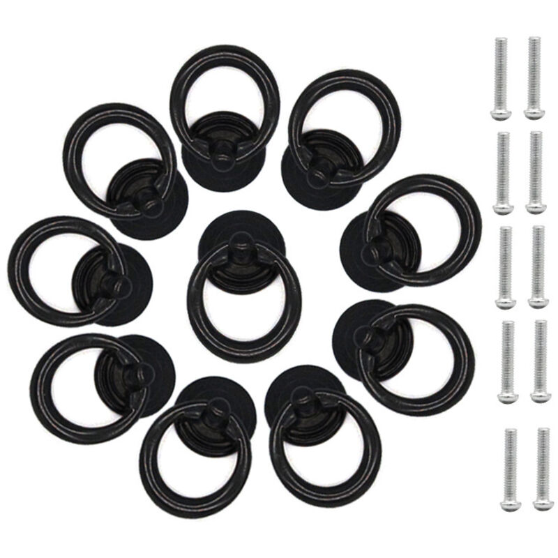 Set of 10 black metal cabinet handles with screws, single-hole ring for cabinets, drawers and dressers