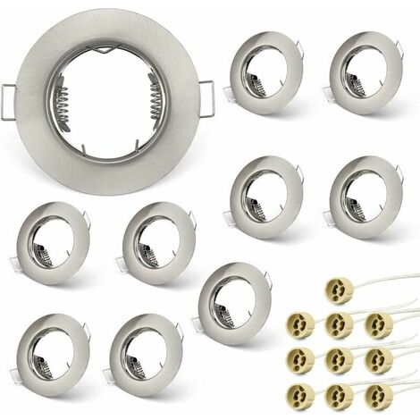 Set of 10 Frames for GU10 Spotlights Set, Round Brushed Nickel Recessed Mounting Frame For GU10 Halogen Lamps MR16 LED Module, LED Downlight Comes with GU10 Lampholders