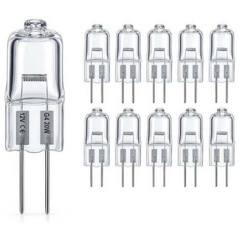 Set of 10 G4 20W 12V halogen bulbs – 300 lumens – dimmable – color temperature 2800K – lifespan up to 3000 hours – pin lamp – transparent capsule for commercial and home lighting