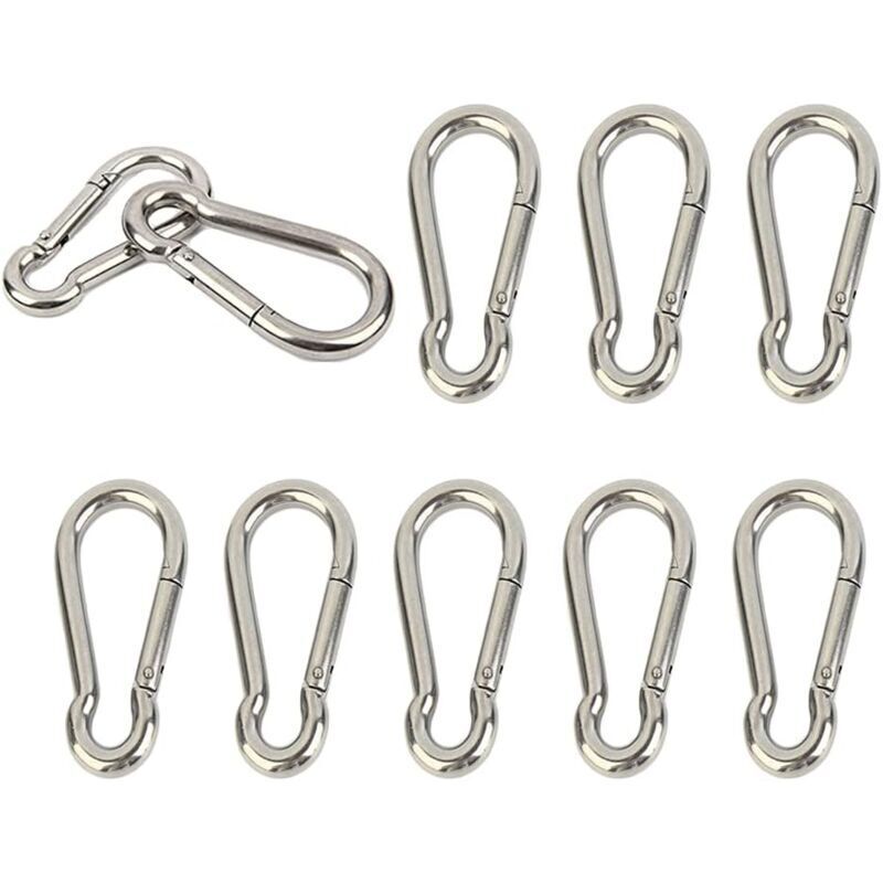 Set of 10 heavy-duty 304 stainless steel spring-loaded carabiners, M4 4cm. Small keychain for keys, swings, camping, fishing, hammocks.