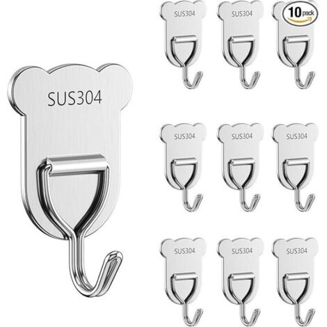 Set of 10 heavy-duty stainless steel adhesive hooks for bathroom, shower, kitchen, keys, doors, outdoor use, home improvement