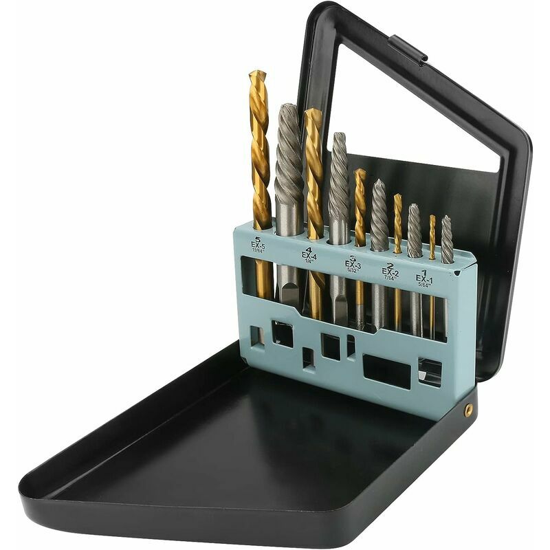 Hoopzi - Set of 10 Left Hand Screw Extractors and Drill Bits - Easy to Remove Bolt Extractor with Metal Index Housing - Tool Kit for Removing Damaged