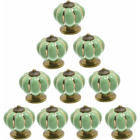 Set of 10 vintage ceramic pumpkin-shaped door knobs, light green