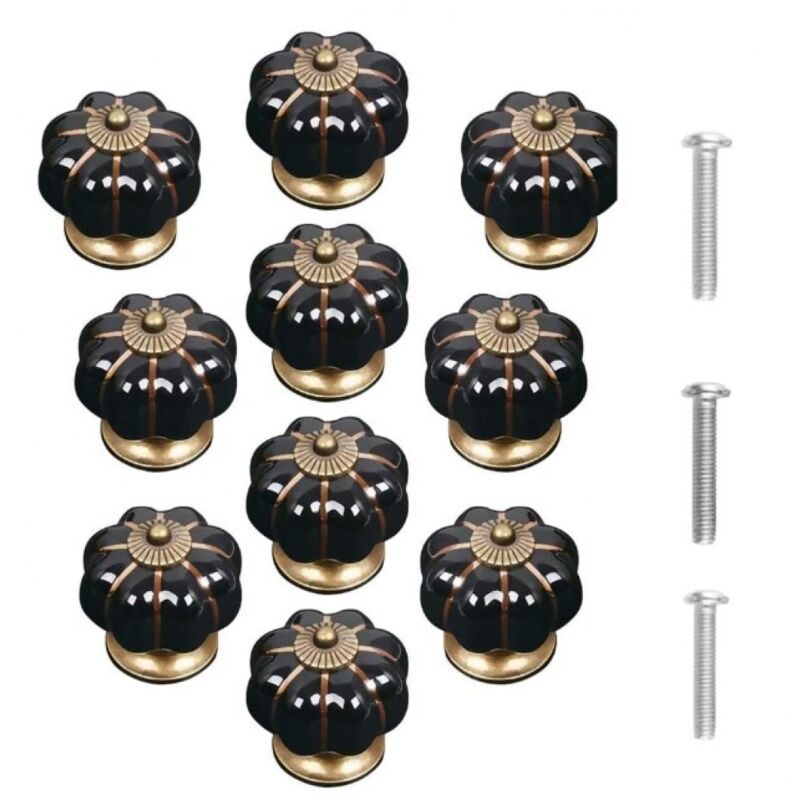 Set of 10 Vintage Pumpkin Shape Ceramic Door Knobs Black