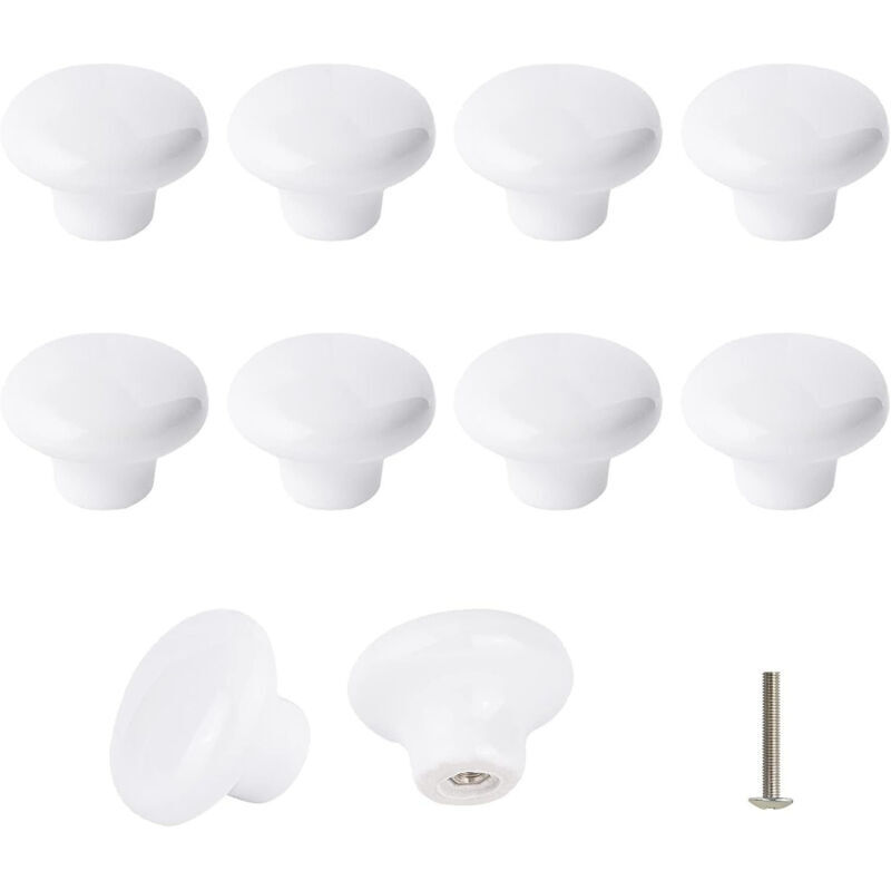 Set of 10 White Ceramic Knobs, Ceramic Door Handles, Retro Round Ceramic Cabinet Drawer Kitchen Pull Handles 32mm with 3 Screw Sizes