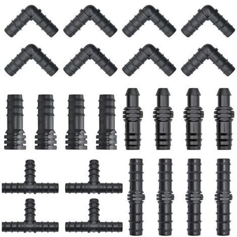 set of 100 drip irrigation fittings for 16mm pipes - 20 tees - 20 elbows - 20 connectors - 20 plugs - 20 straight connectors - lawn and garden supplies - drip irrigation system pipe fittings