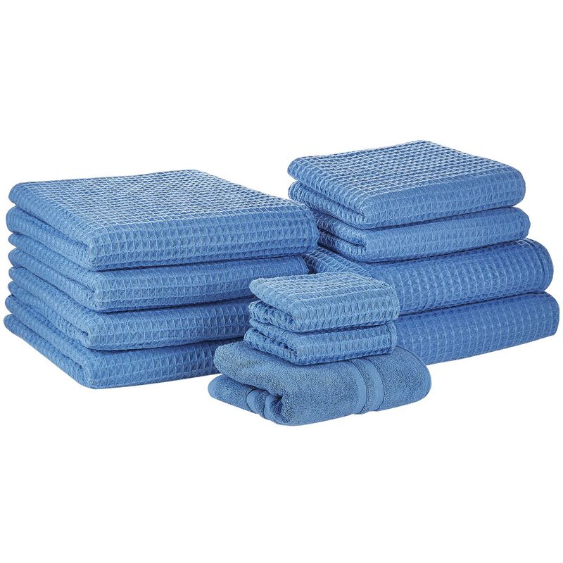 Set of 11 Cotton Bathroom Towels Soft Zero Twist with Bath Mat Blue Areora - Blue