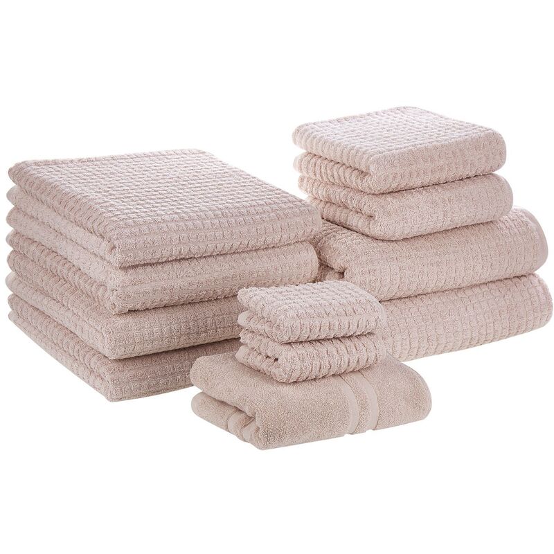Set of 11 Cotton Bathroom Towels Soft Low Twist with Bath Mat Pink Atai - Pink
