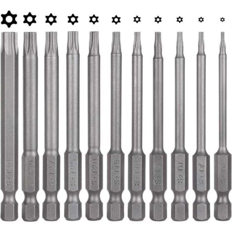 Set of 11 screwdriver bits - 75 mm - S2 steel - Magnetic - Hex - T6 T7 T8 T9 T10 T15 T20 T25 T27 T30 T40 - Power bits for T-profile screws