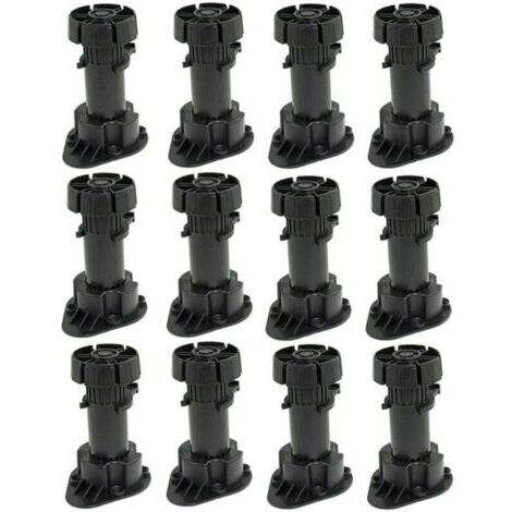 Set of 12 Adjustable Furniture Feet, Plastic Cabinet Feet with Clip Fixing Base - Height 120 to 150mm