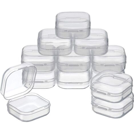 Set of 12 clear plastic storage boxes for beads and other small items, with hinged lids.
