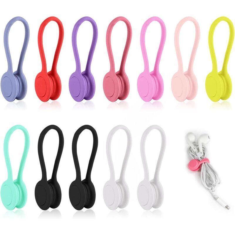 Set of 12 magnetic silicone cable ties in random colors, reusable USB cable manager, magnetic cable ties for organizing USB cables and earphones