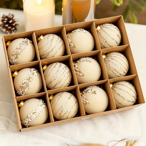 Set of 12 Rhinestone Christmas Decorations, 6cm Vintage Style, Plastic, Tree Ornaments, Festive Baubles for Home Decor – Beige