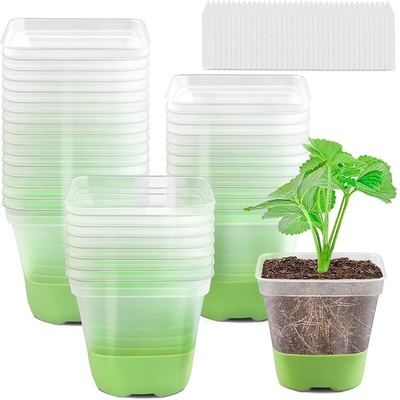 Set of 12 square plastic grow pots with silicone bottoms, for indoor and outdoor plant cultivation, fluorescent green