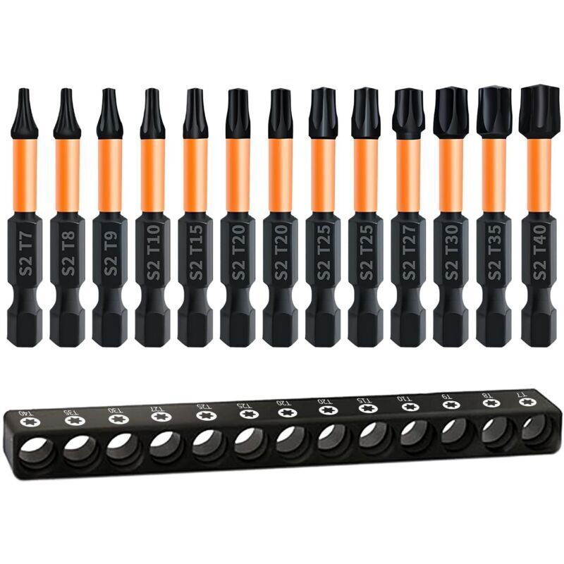 Set of 13 Torx screwdriver bits, 50 mm long, with 1/4