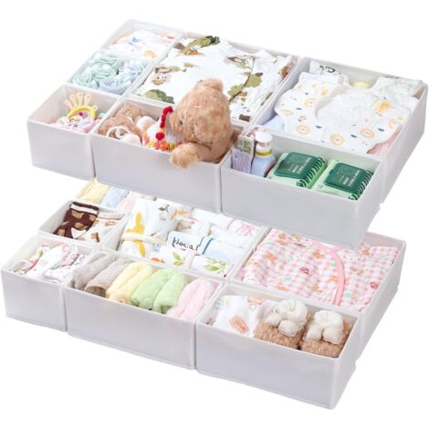 Set of 14 Foldable Organizers for Dressers and Drawers, Clothing Storage System, Washable, Flexible and Stackable, White