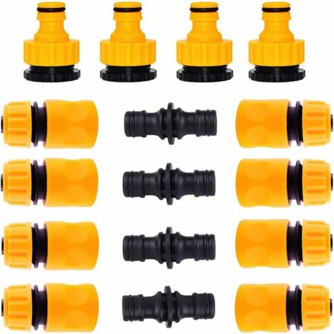 Set of 16 garden hose fittings, 8 x 1/2" quick-connect hose fittings, 4 x double connectors, and 4 x 3/4" connectors, plastic garden hose fittings